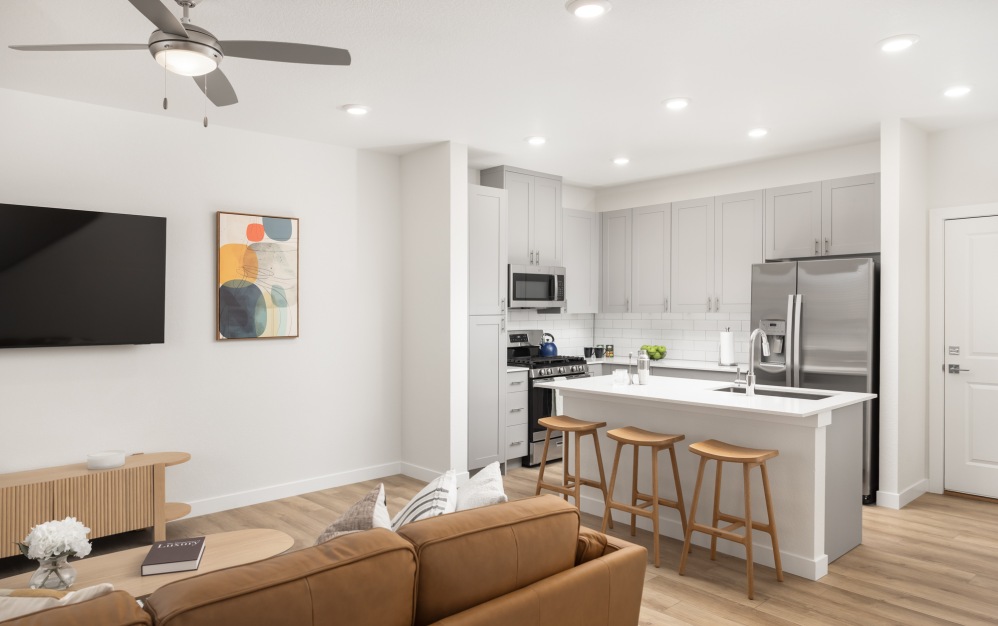 Kitchen and living room at The Selby townhome A